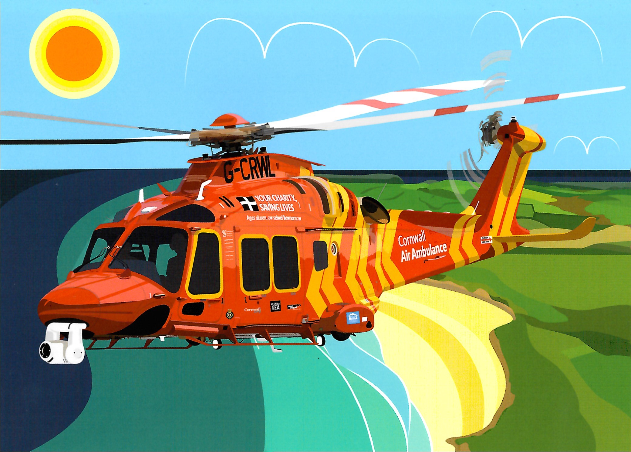 Stylized image of a Cornwall Air Ambulance flying over a bay.